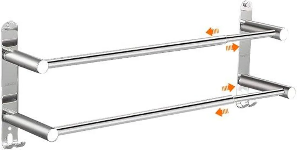 Barre de serviette extensible en inox poli avec crochets de rangement