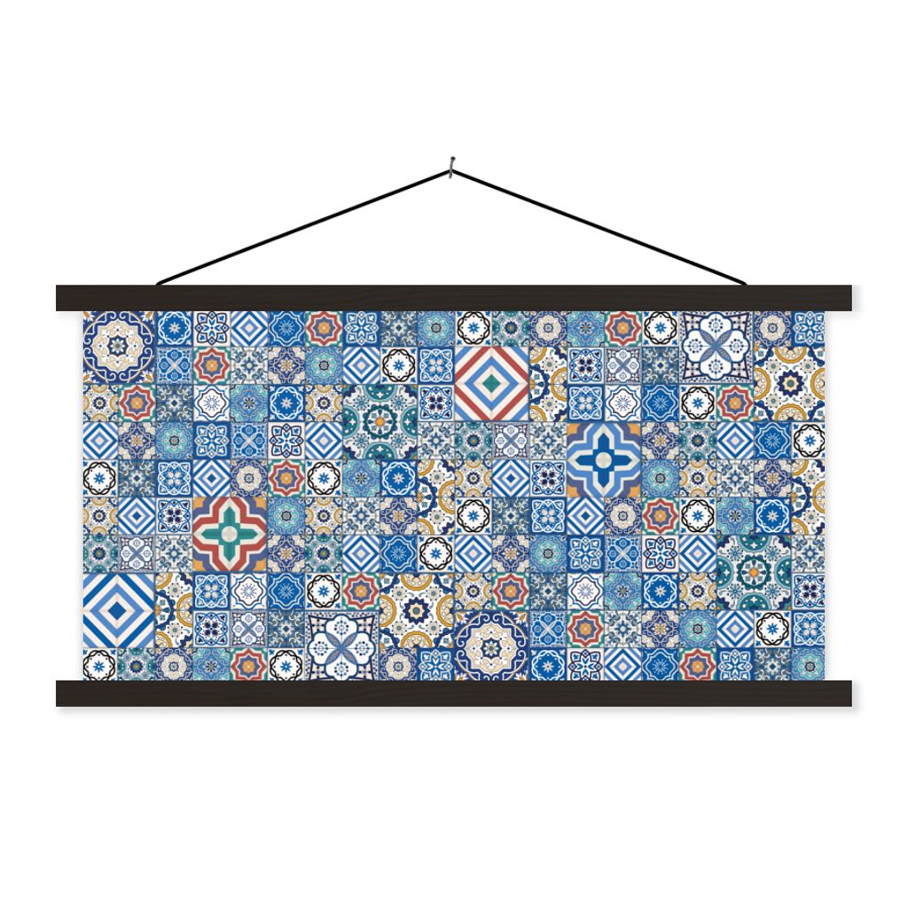 MuchoWow Textilposter Muster - Blau - Formen 60x30 cm mit schwarzem Rahmen - Textilien