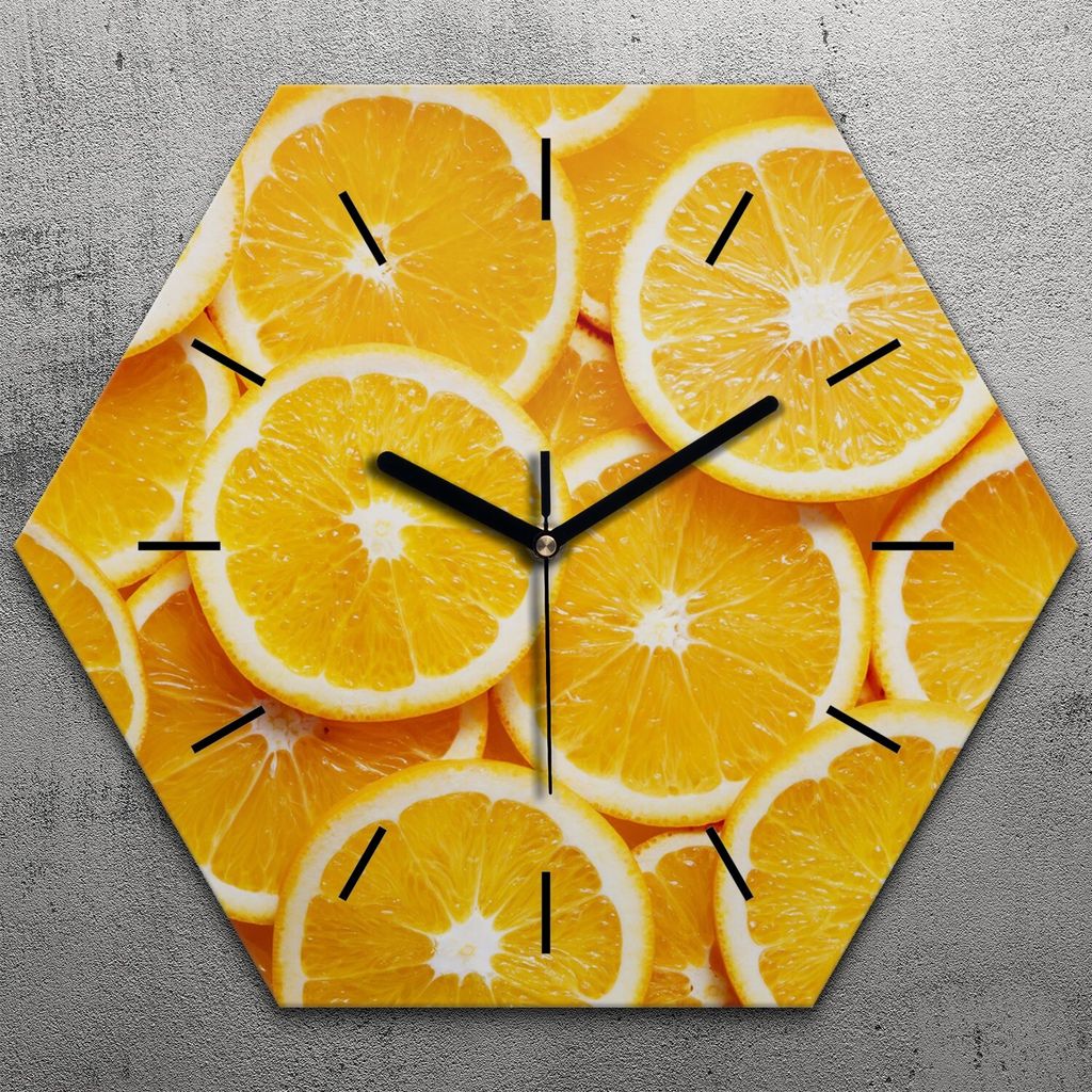 Uhr hexagonal 40 cm Glas Geräuschlos schwarze Zeiger - Farbige Früchte