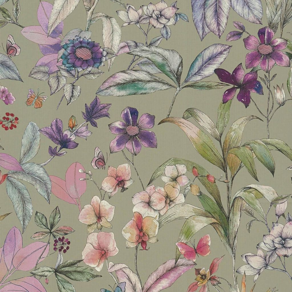 Profhome 791873-GU Blumen Tapete Floral grün oliv violett creme-weiß 5,33 m2