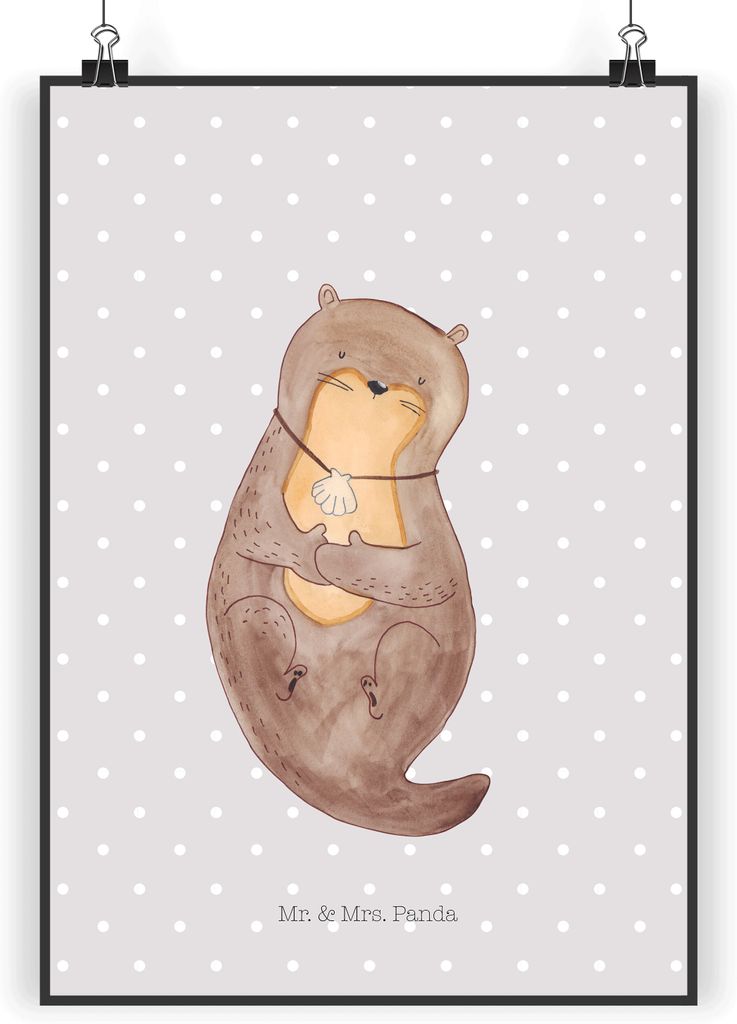 Mr. & Mrs. Panda Bild Otter Muschel DIN A5 - Grau Pastell - Geschenk, Wandbild, Kunstdruck, Medaillon, Plakat, Niedlich, drucke, wanddeko, Seeotter...