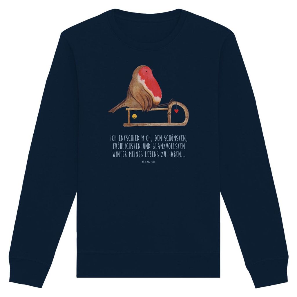 Mr. & Mrs. Panda Nachhaltiger Pullover Rotkehlchen Schlitten Größe XL - French Navy - Geschenk, Rundhals, Pulli, Sweater, Fair Fashion, Vogel, Sw...