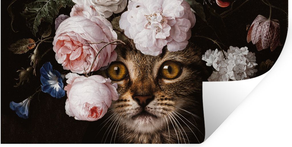MuchoWow Wandtattoo Wandsticker Wandaufkleber Katze - Blumen - Tiere 40x20 cm Selbstklebend und Repositionierbar - Aufkleber
