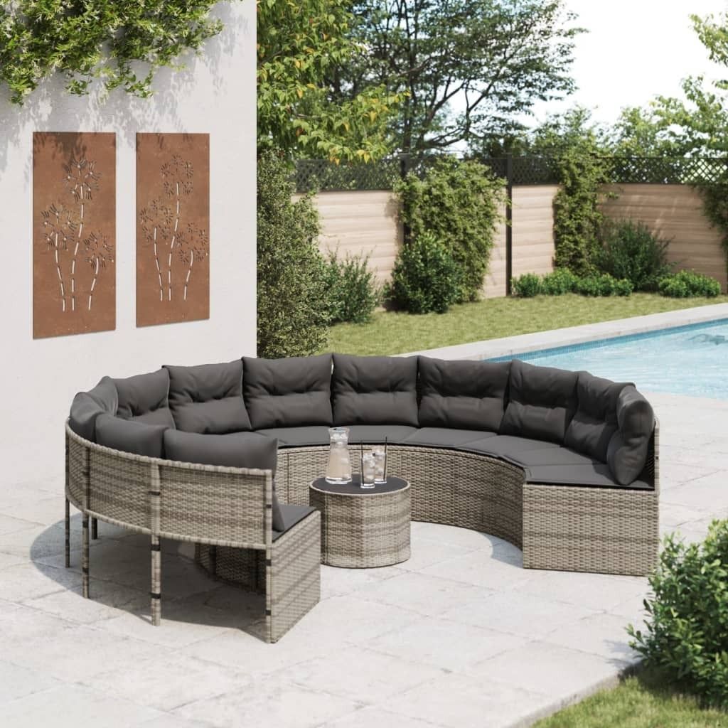 Maison Exclusive - Gartensofa mit Tisch und Kissen Rund Grau Poly Rattan