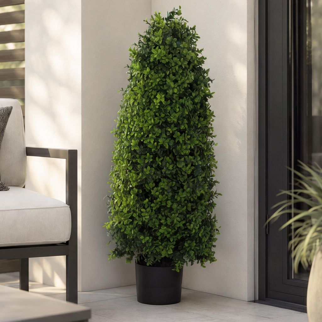 Künstlicher Buchsbaum HWC-Q89, Buchs Buxus im Topf Dekobaum Kunstpflanze Kegel naturgetreu immergrün Outdoor 90x35x35cm