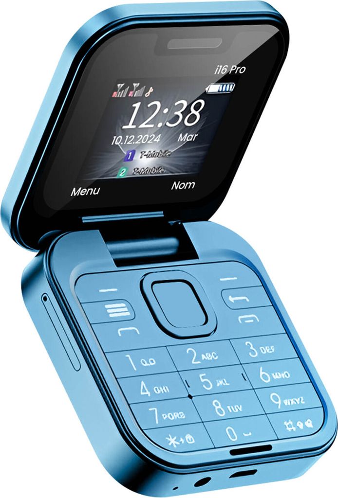A blue flip phone is shown open, displaying its screen and keypad.