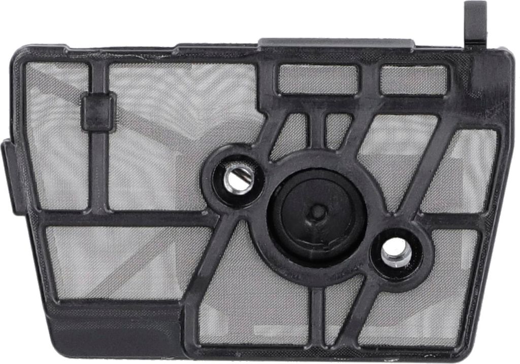A close-up, top-down view of a black air filter with a mesh screen.