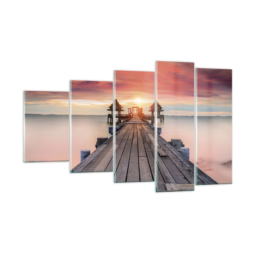 Bilder auf glas - 5 Teile - Brücke Holz Spaziergang - 100x60cm - Glasbilder - Wandbilder - Bilder - zum Aufhängen bereit - Wanddekoration aus Gla...