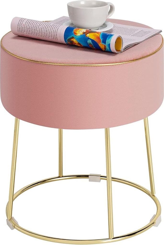 Runder Gepolsterter Hocker, Modernes Fußbank mit Stabilem Metallrahmen & Rutschfesten Füßen, Sitzhocker, 34 x 34 x 41 cm (L x B x H), Pink