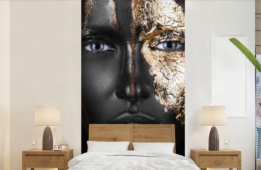 MuchoWow Fototapete für Wohnzimmer oder Schlafzimmer Wandtapete Vinyl Motivtapete Frau - Blattgold - Schwarz - Gold - Luxus - 120x240 cm - Hinte...