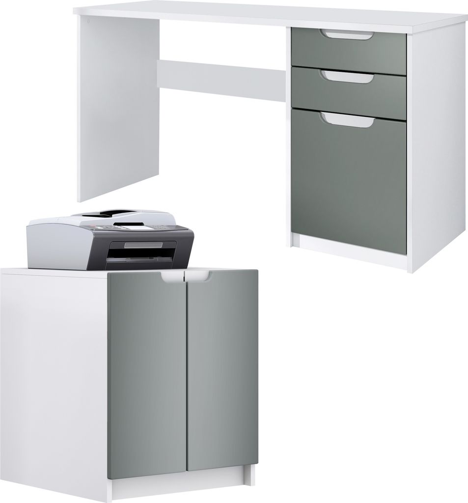 Vladon Büromöbel Homeoffice Set Paris, Germany mit Druckerkommode und Schreibtisch, Weiß matt / Graphit seidenmatt