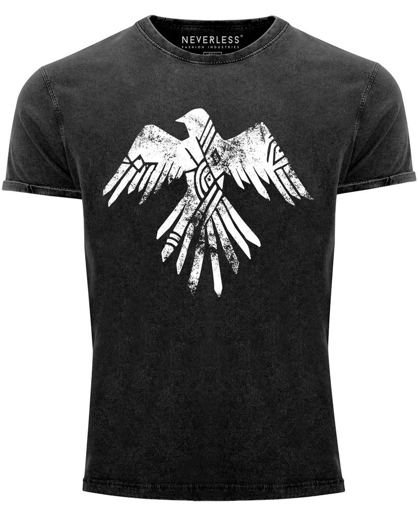 Herren Vintage Shirt Adler Motiv Print Aufdruck Ethno Aztec Eagle Fashion Streetstyle Used Look Slim Fit Neverless schwarz XL