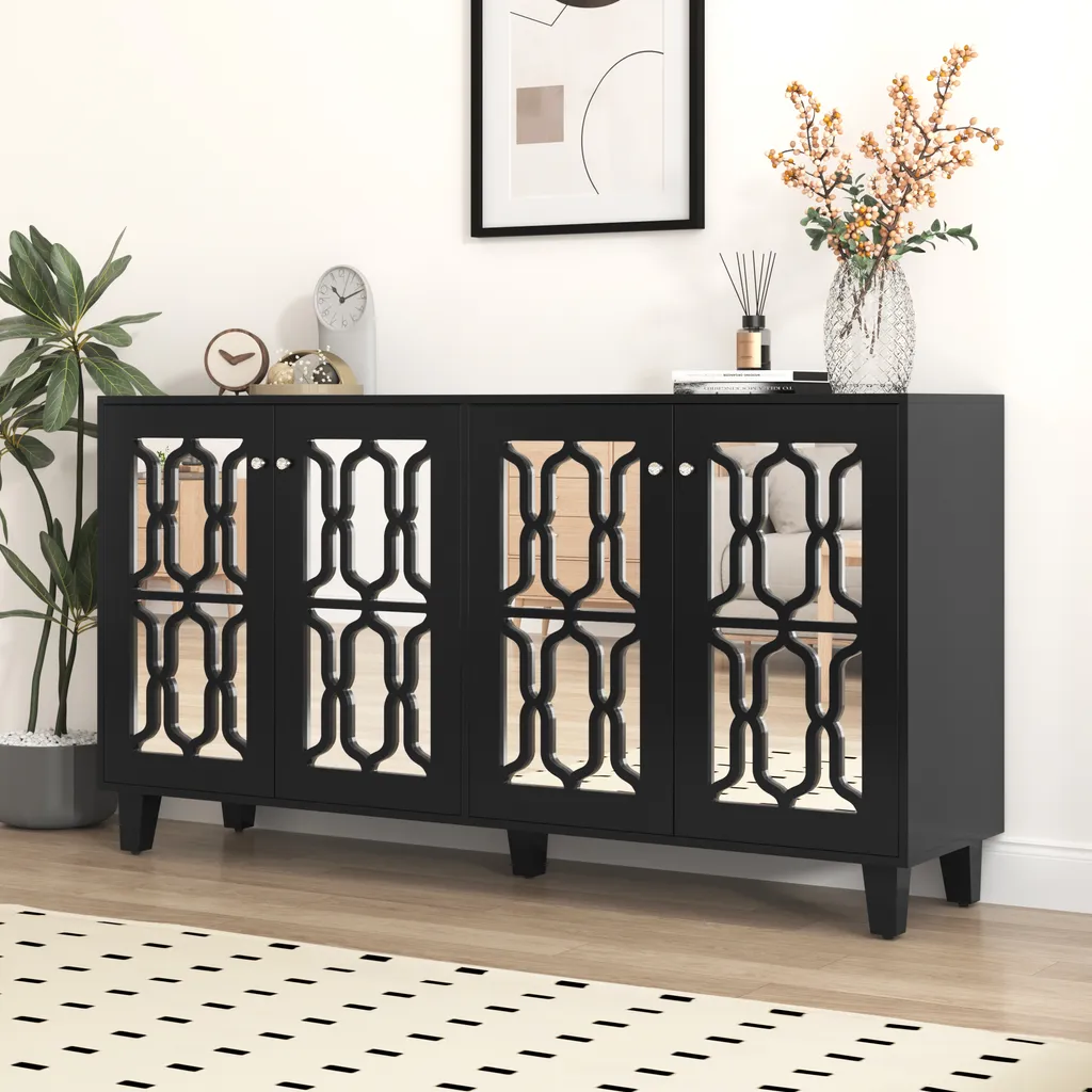 Commode à motif géométrique Trellis et façade miroir graphique noire