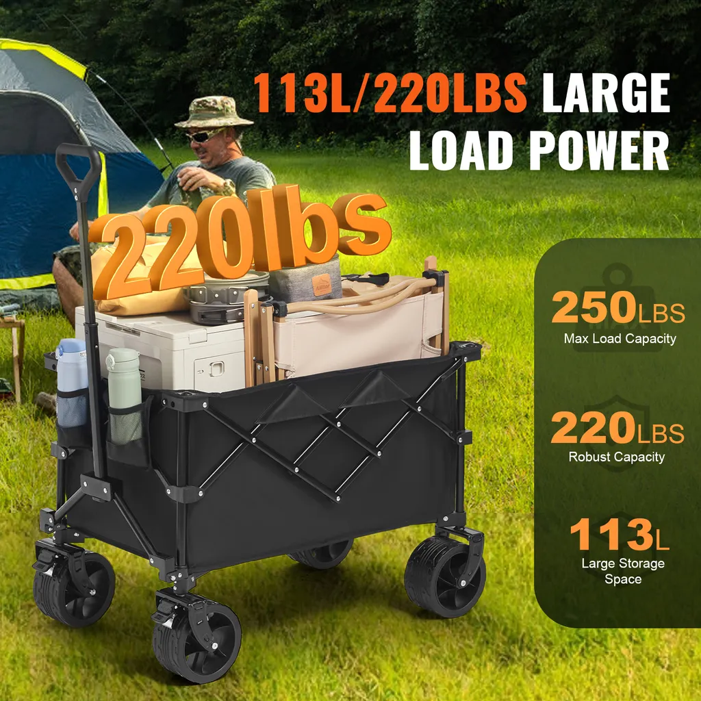 SucceBuy Carrello pieghevole da, 113 l carrello da spiaggia con ruote per tutti i terreni, robusto carrello pieghevole, capacità di carico di 250 lbs con portabicchieri, carrello sportivo per campeggio, shopping, giardinaggio - 2