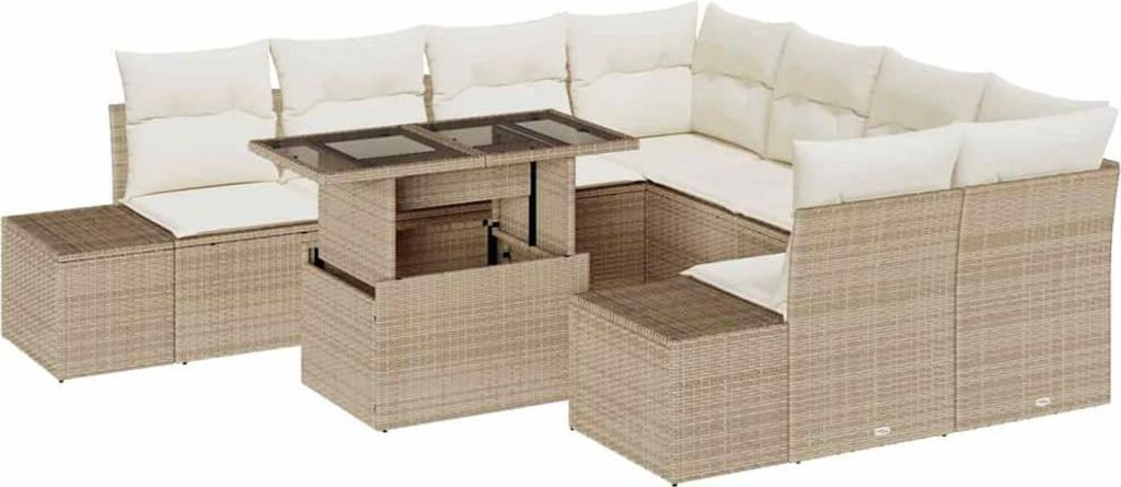 vidaXL Garten-Sofa-Set mit Kissen mit Speicher 9 pcs Beige und Creme