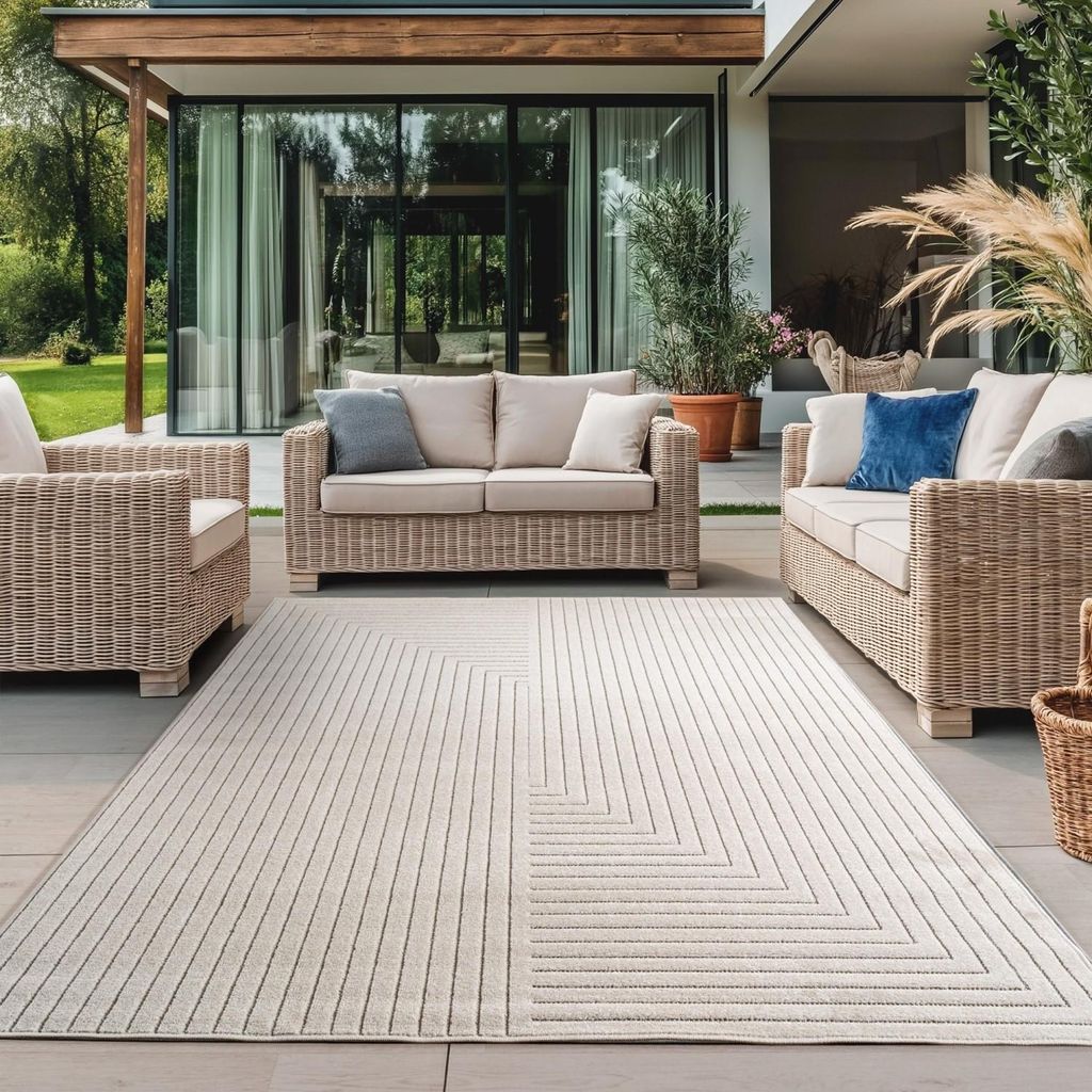 Teppich für drinnen und draußen, geeignet für Wohnzimmer, Schlafzimmer, Wintergarten, kurzer Flor in Creme, Hoch-Tief-Effekt, 160 x 230 cm