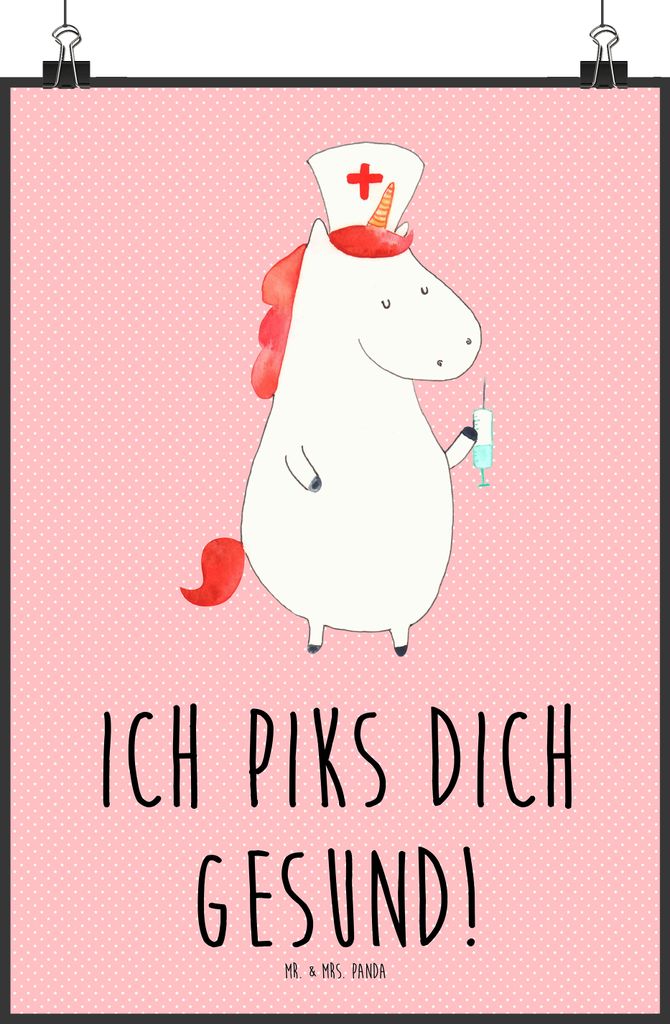 Mr. & Mrs. Panda Bild Einhorn Krankenschwester DIN A2 - Rot Pastell - Geschenk, Krankenpflegerin, Ärztin, Krankenpfleger, kunstdruck poster, Unico...
