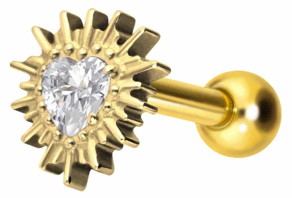 Ohrpiercing Titan Ohrpiercing mit Innengewinde KRISTALLHERZ + SONNENSTRAHLEN Gold Stablänge: 8mm