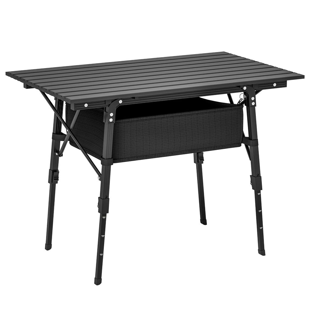 Campingtisch mit Aufbewahrungskorb, höhenverstellbar, faltbar, Aluminium, Schwarz, 90x55x66 cm, Aluminiumlegierung