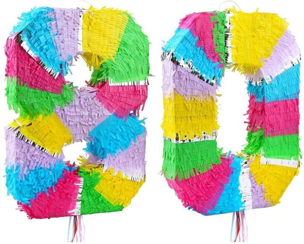 Piñata Zahl 80, bunt pastell, 50 cm hoch, 30 cm breit, 7,5 cm tief, ungefüllt, 2er Set