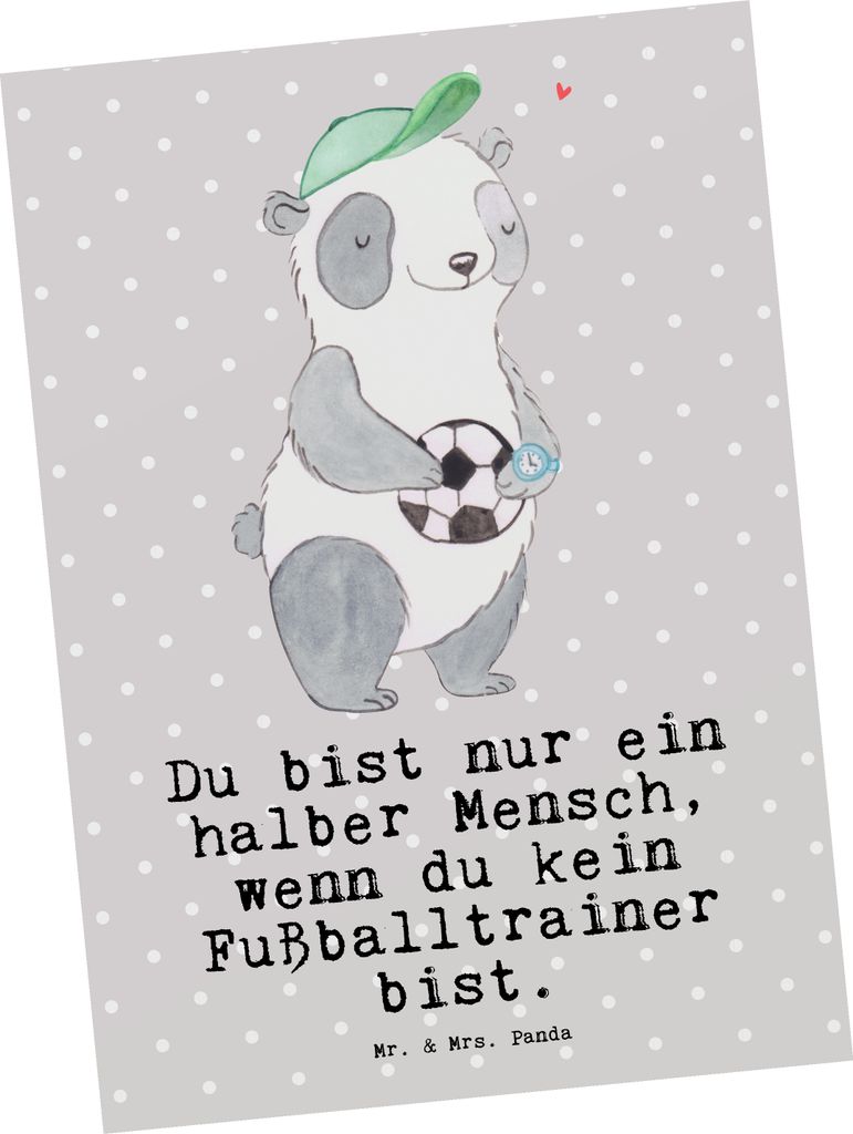 Mr. & Mrs. Panda Postkarte Fußballtrainer Herz - Grau Pastell - Geschenk, Ansichtskarten, Lustig, Glücksbringer, Spruch, Witzig, Postkarten, einz...