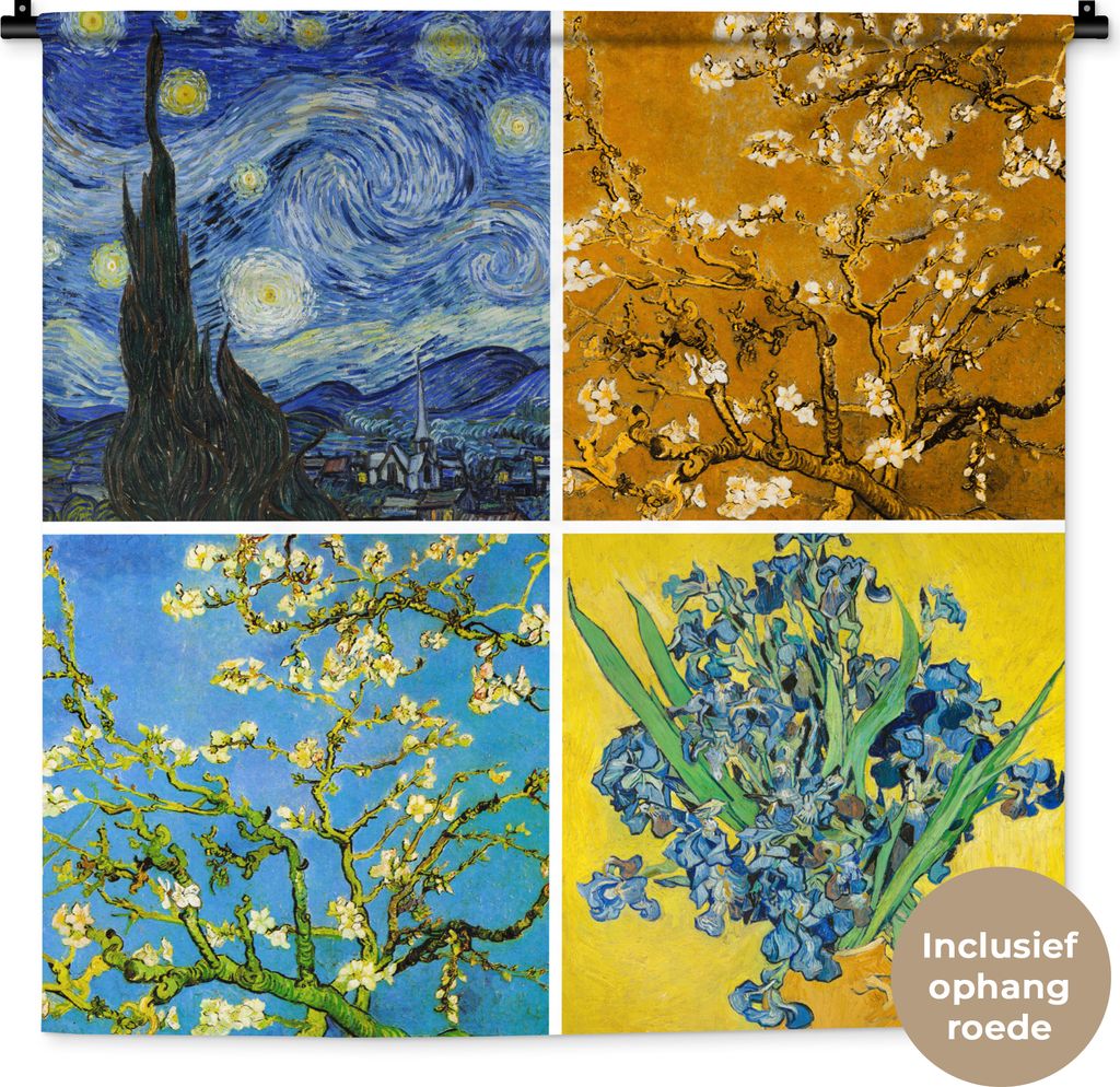 MuchoWow Wandteppich Wandbehang Van Gogh - Sternennacht - Collage 90x90 cm Tapisserie Dekoration Wandtuch - Wandaufhänger