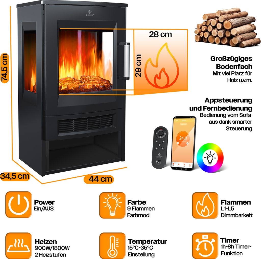 KESSER® Elektrokamin mit Heizung Panorama-Sichtfenster Produktbild 6