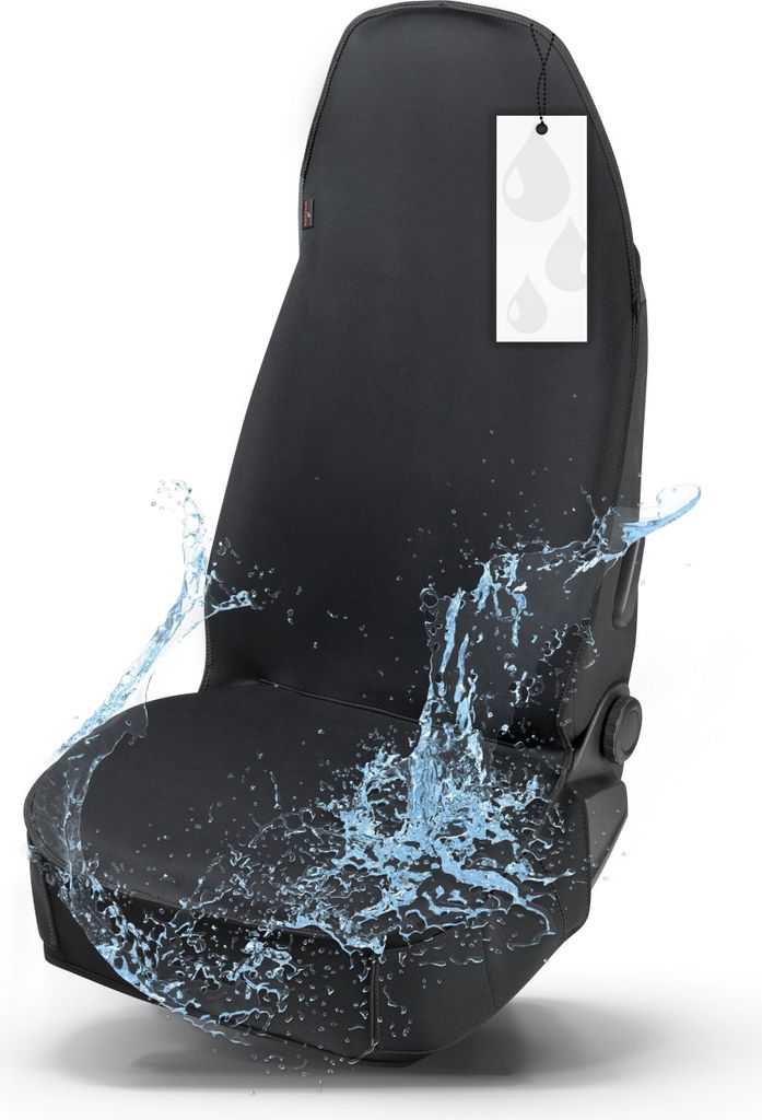 A black car seat cover with water splashing around it, indicating its waterproof feature.