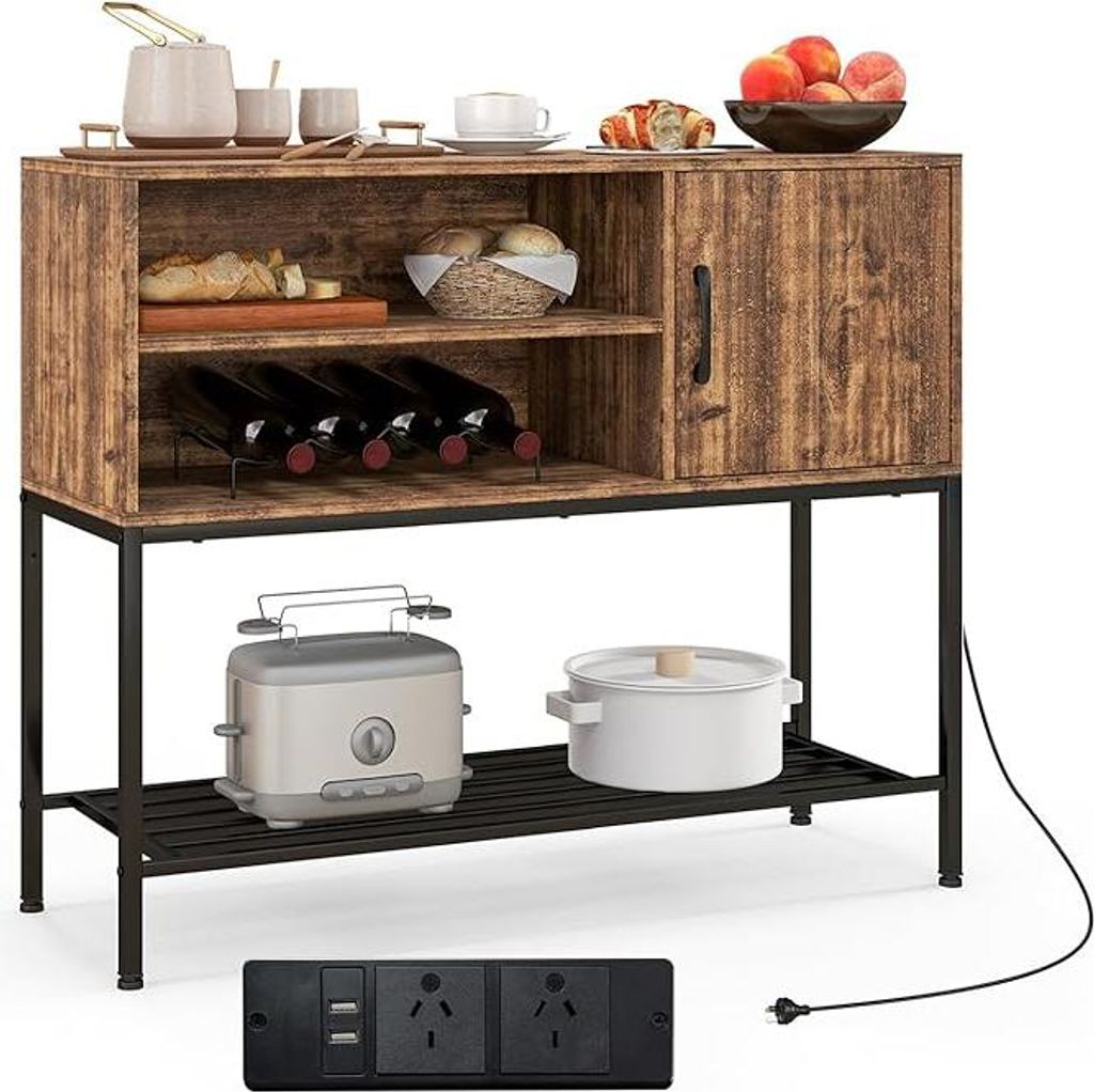 Sideboard mit Ladestation, Retro-Kaffeebar mit unterer Ablage, 2-stufigem offenem Regal, Türschrank & stabilem Metallrahmen, Konsolentisch für K...