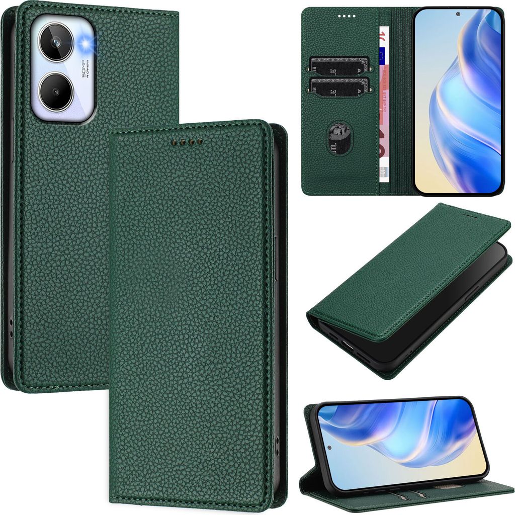 Litchi Leder Handyhülle für Realme 10 4G Wallet Kartenfächer Standfunktion Hülle Grün