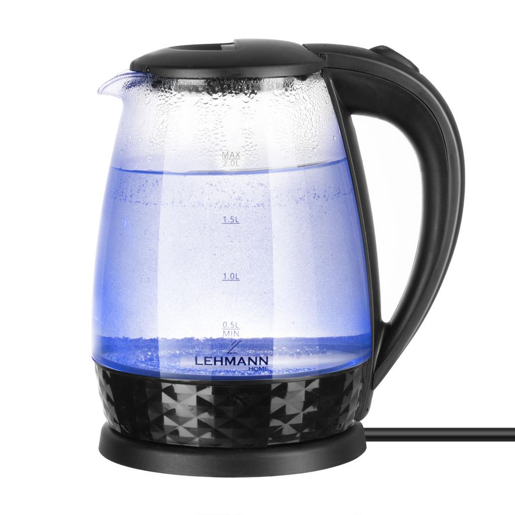 A glass electric kettle filled with blue-tinted water sits on its base against a white background.