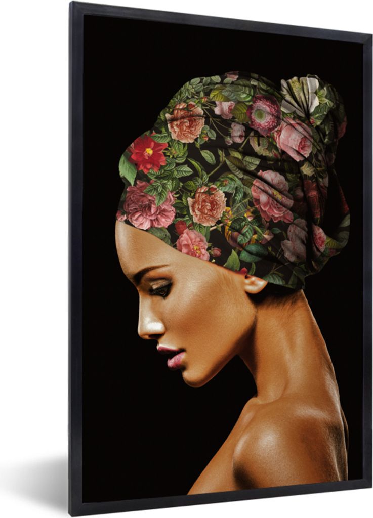 MuchoWow MuchoWow Gerahmtes Poster Frau - Kopftuch - Blumen 60x90 cm - Poster mit zchwarzem Bilderrahmen - Kunst