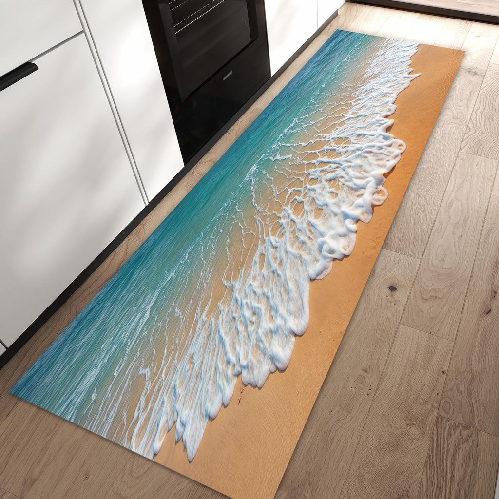 Küchenteppich 80x250cm rutschfest & abwischbar PVC Läufer - Wellen am Sandstrand