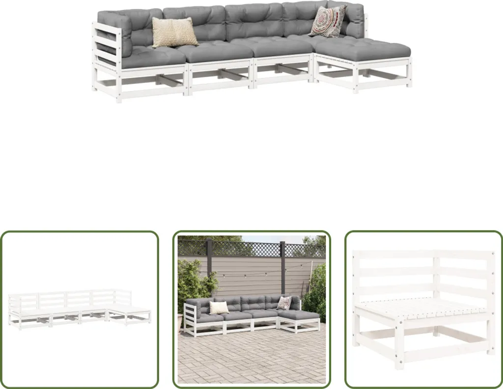 Canapé de jardin blanc 5 pièces en bois massif The Living Store robuste
