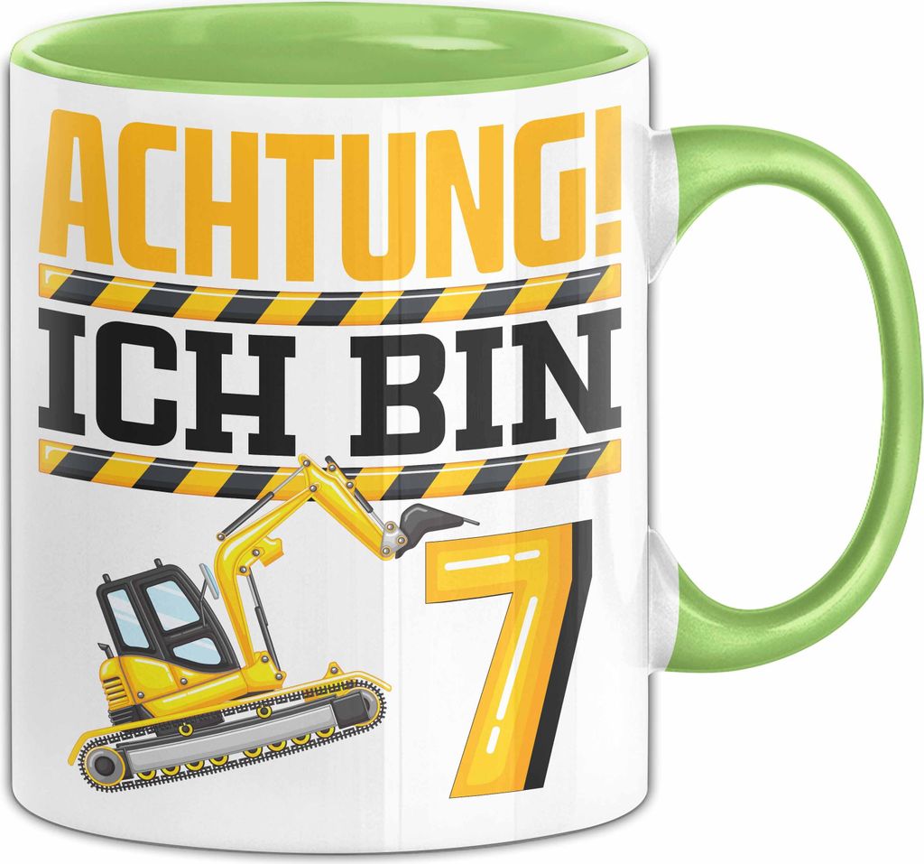 7. Geburtstag Geschenk Tasse Becher Jungs Baustelle Geburtstagsgeschenk Achtung Ich Bin 7 (Grün)