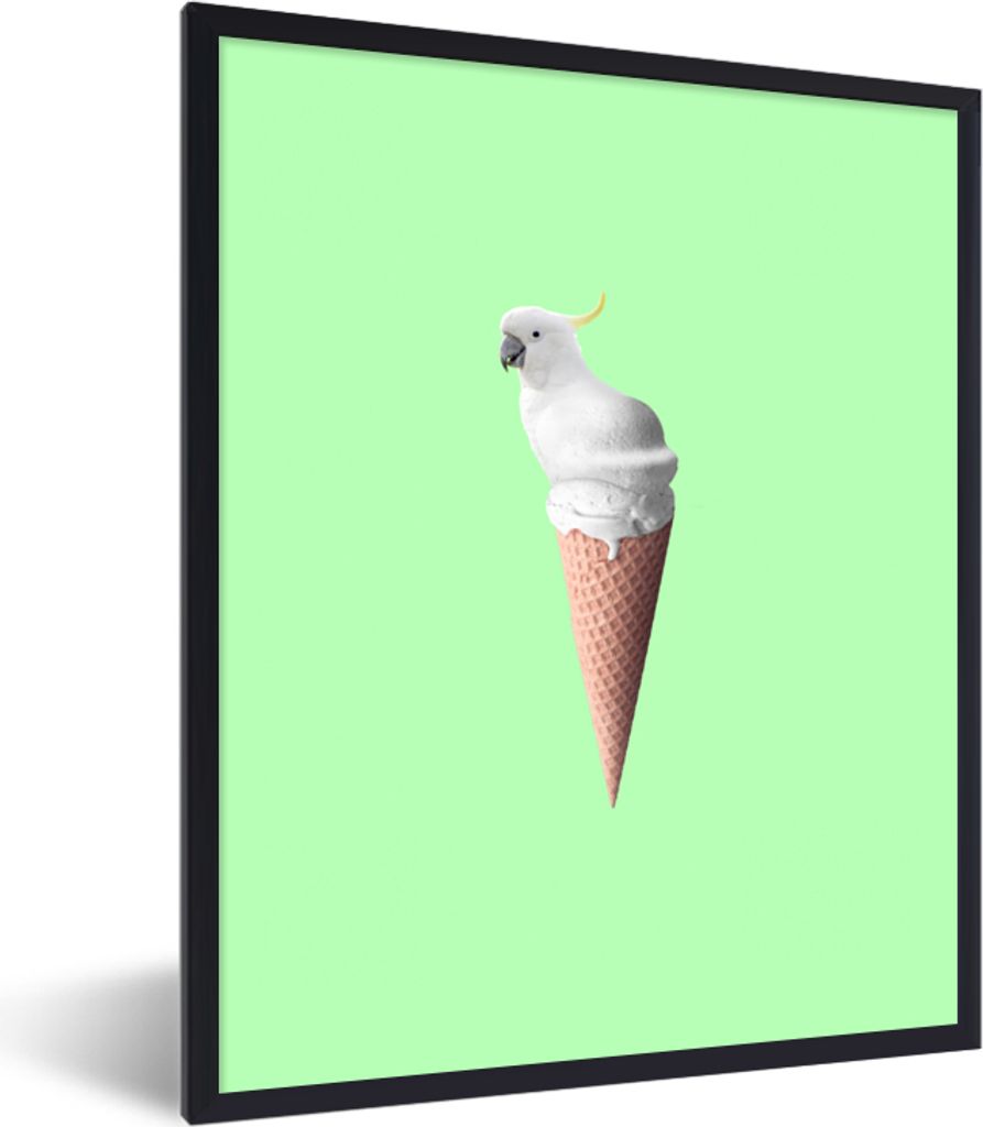 MuchoWow Gerahmtes Poster Papagei - Eistüten - Eiscreme - Weiß - Grün 60x80 cm - Poster mit Schwarzem Bilderrahmen Wandposter Rahmen Foto Bild...