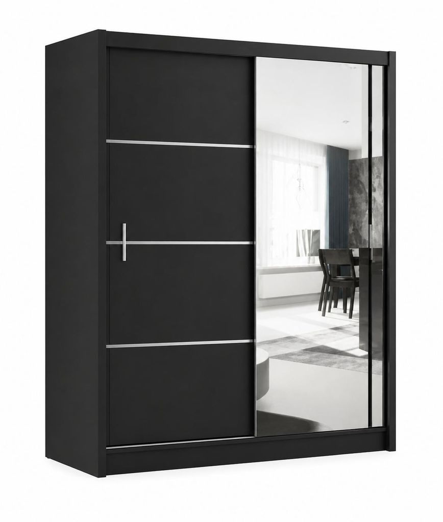 Schwebetürenschrank VISTA 150 cm mit Spiegel – moderner Kleiderschrank Schiebetürenschrank (Schwarz)