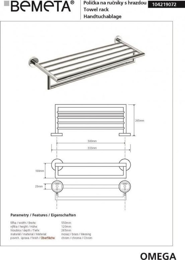 Regal, Ablage mit Handtuchhalter OMEGA in Chrom 55x12x26,5cm BEMETA