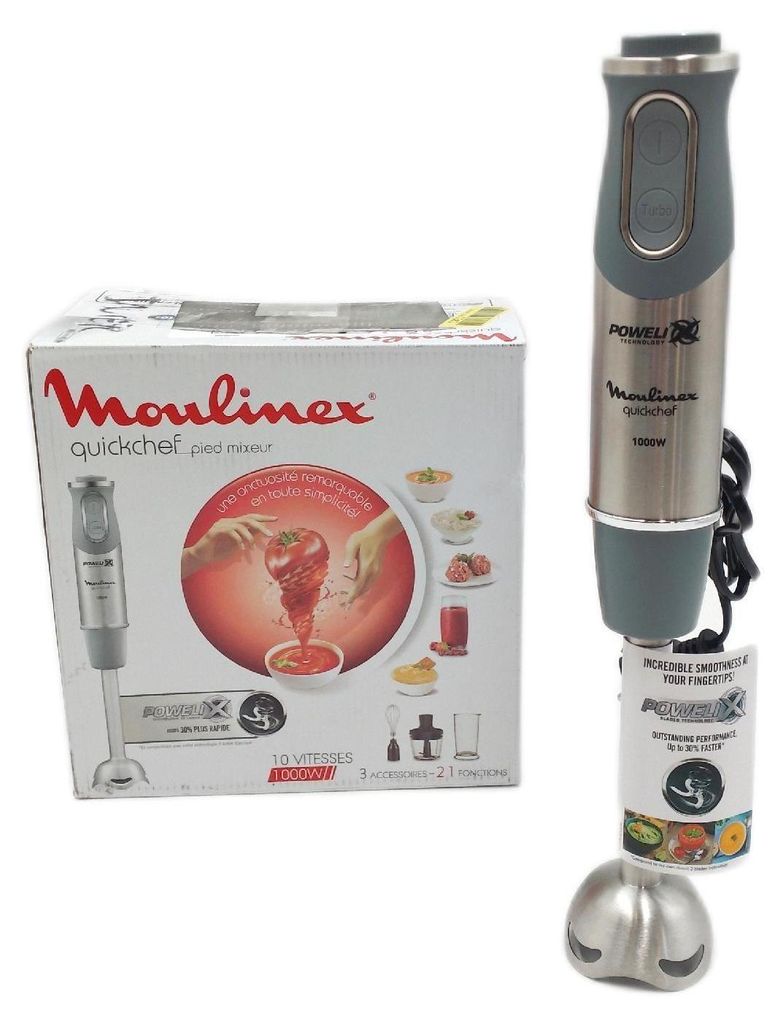 A product box and a hand blender are shown against a white background.