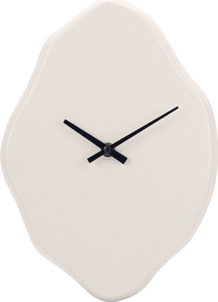 A minimalist wall clock with an organic, asymmetrical shape.