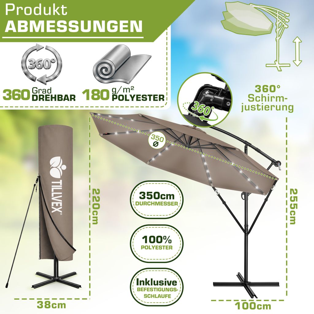 tillvex Alu Ampelschirm Cappuccino LED Solar Ø 350 cm mit Produktbild 