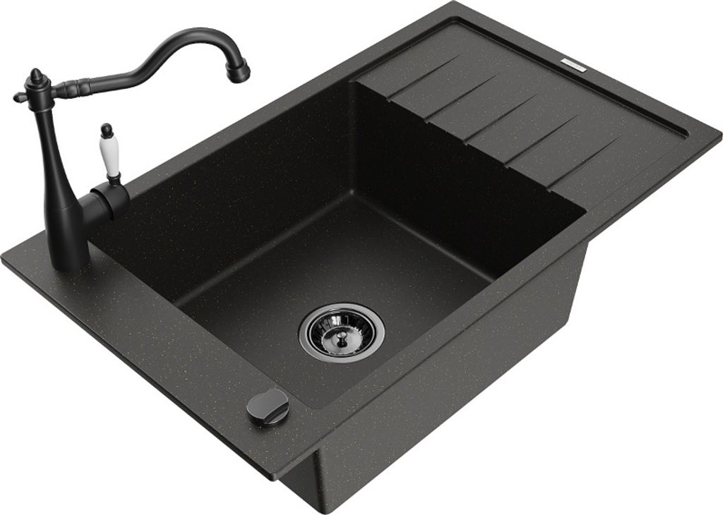 Mexen Elias 1 Becken-Granitspüle mit Abtropffläche und Mischbatterie Carla, Schwarz/Gold metallisch - 6511-75-670700-70-B