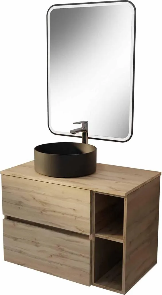 Meuble de Bain 80 cm en Chêne avec Tiroirs et Miroir LED Bordure Noire