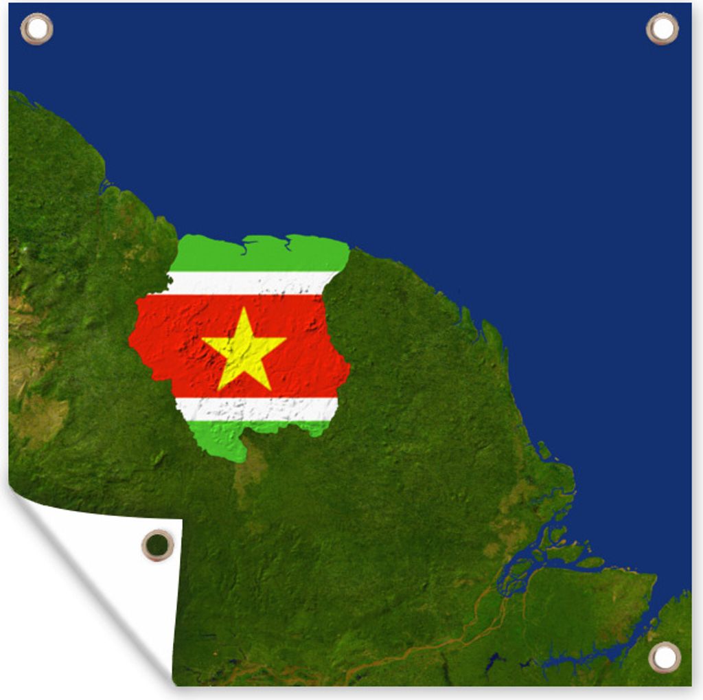 MuchoWow 50x50 cm Outdoor-Poster Gartendeko Sichtschutz Garten Poster für den Garten Ein Satellitenbild von Suriname mit der Flagge des Landes ...