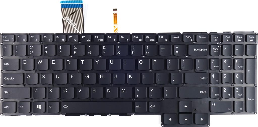 A black laptop keyboard with two ribbon cables attached to the top.