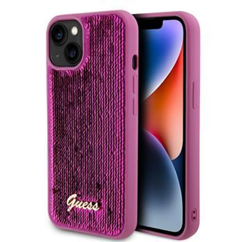 Accessoire Mode iPhone 13 Coque Guess Magenta Sequins pour Soirée Chic