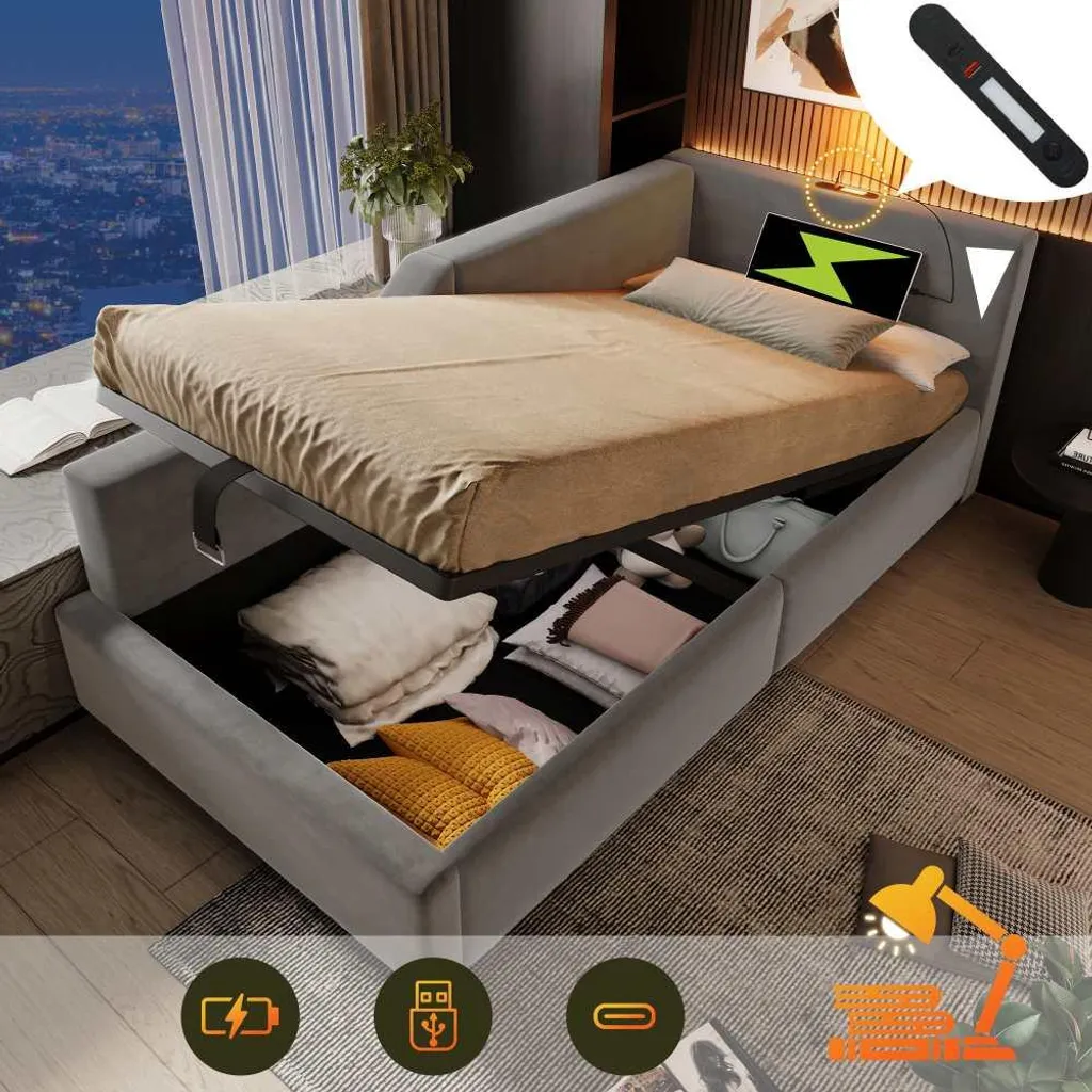 Canapé-lit gris avec liseuse et USB-C, sommier à lattes et rangement 90x190