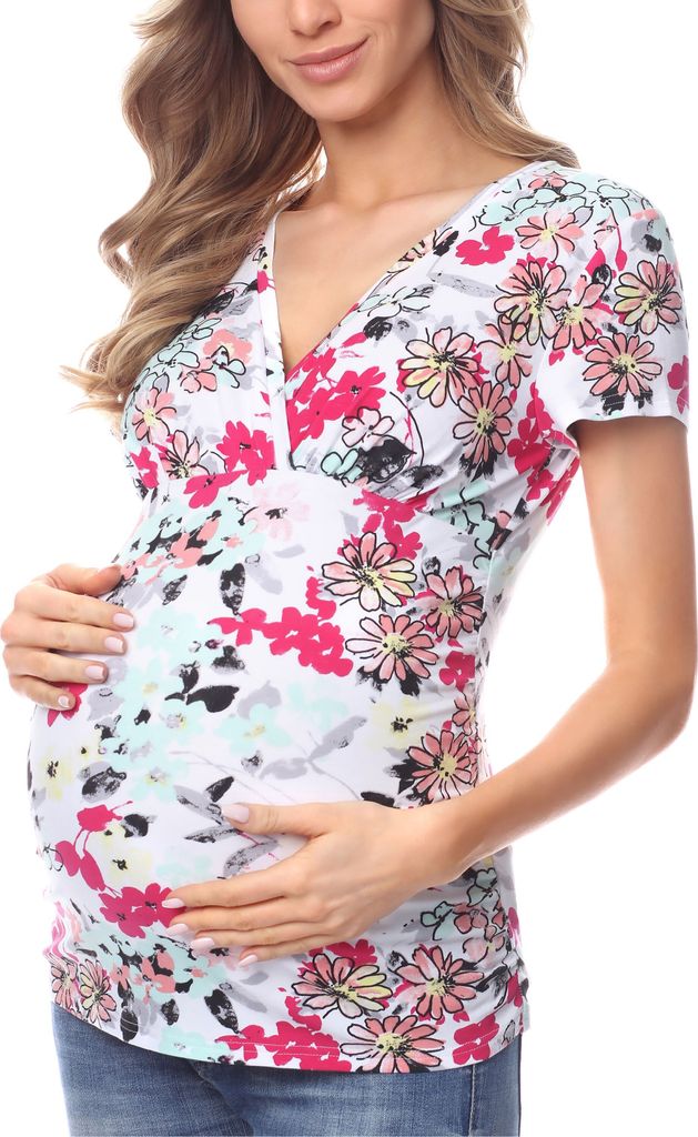 Bellivalini Damen Umstands Shirt mit Stillfunktion BLV50-123 (Weiß/Blaue Blumen, XL)