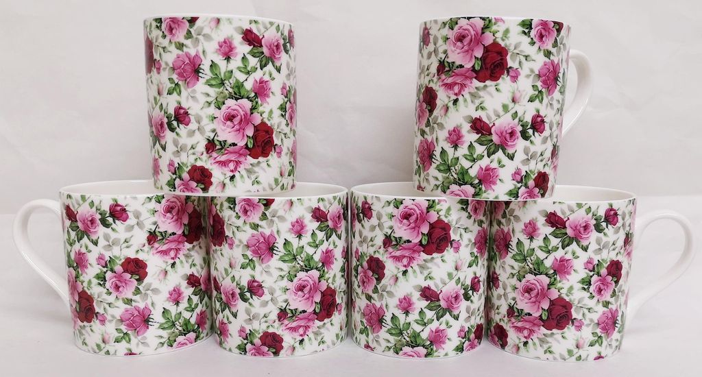 Set van 6 Fijne Bone China Mokken met Rozen Design Productafbeelding 