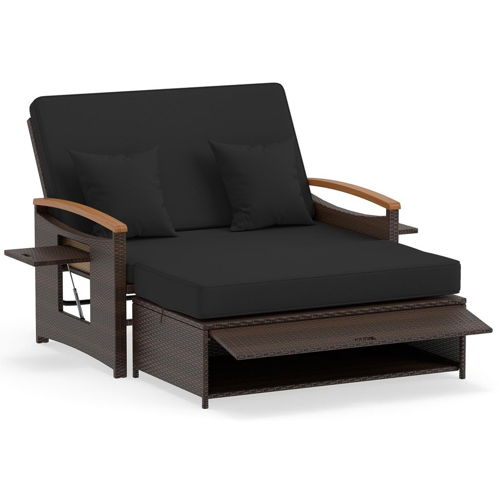 COSTWAY 3in1 Polyrattan Lounge Möbel Set, Gartenmöbel Doppelliege Gartensofa, Sofa 2 Sitzer mit Hocker, verstellbarer Rückenlehne & Stauraum, Sc...